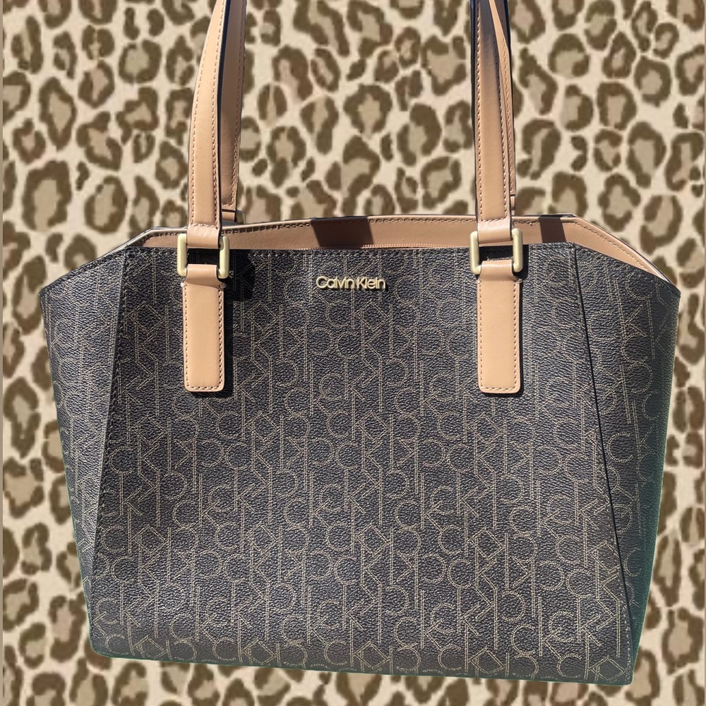 Calvin Klein Brown and Tan Tote Bag with Monogram Print